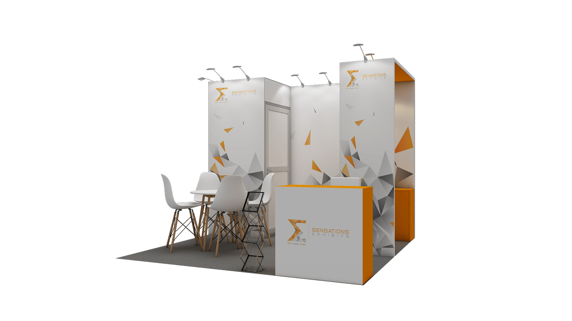 SENS M 0008 booth design with white display walls, seating and an orange accent panel