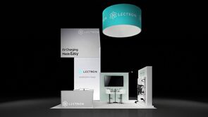 Lectron 3D rendering: a circular hanging sign above a tall central tower and reception counter