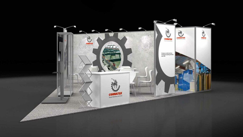 Cormatex 3D rendering: a wide graphic back wall behind a reception counter and meeting area