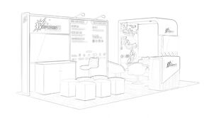 Popcorn FX concept sketch: a corner graphic wall with a reception counter, low tables and cube stools