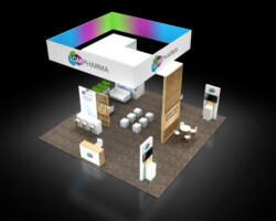 Overhead view of an LGM Pharma booth with a multicolored square canopy, display kiosks and meeting tables.