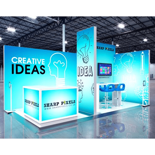 Illuminated lightbox booth with turquoise graphics and a central display tower