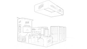 Emmvee concept sketch: a rectangular hanging sign above upright solar panels and counters
