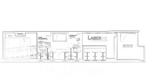 Laserax concept sketch: a screen in the back wall above display counters and meeting tables