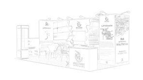 Cormatex concept sketch: product samples mounted on wall panels around a central meeting area
