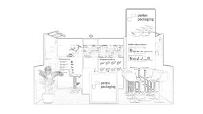 Perlen Packaging concept sketch: a hanging sign above product-display panels, a counter and meeting chairs