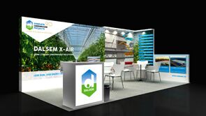 Dalsem 3D rendering: a greenhouse graphic back wall behind a reception counter and meeting table