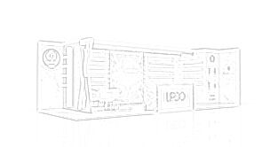 Dremar Parfum concept sketch: a corner back wall surrounding a glass display table and product shelves
