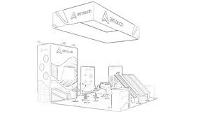 Airtouch Solar concept sketch: a suspended angular sign above tilted solar panels and demonstration tables