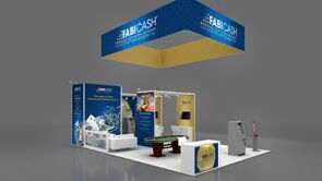 Fabicash 3D rendering: a large rectangular hanging sign above demonstration stations and counters