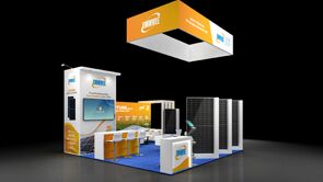 Emmvee 3D rendering: a rectangular hanging sign above upright solar panels and counters
