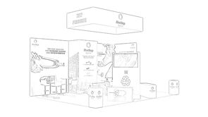 Rivestop concept sketch: a rectangular hanging sign above freestanding product panels and a meeting area