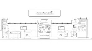 Shemesh Automation concept sketch: a rectangular hanging sign above a central display wall and equipment stations