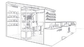 SHB concept sketch: product shelves around a prominent graphic wall and reception counter