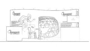 Emergent Vision Technologies concept sketch: a curved graphic back wall behind product displays, tables and stools