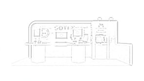 SOTI concept sketch: a screen in the back wall above a reception counter and seating area