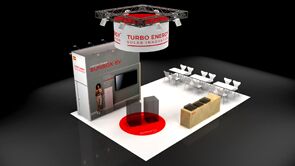 Turbo Energy 3D rendering: a circular hanging sign above product displays and reception counters