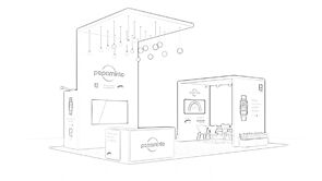 Variowell concept sketch: an angular canopy with patterned graphics above a screen and reception counter