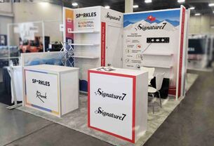 Eversparkles completed booth: a corner display with product shelves and compact reception counters