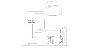 Lectron concept sketch: a circular hanging sign above a tall central tower and reception counter