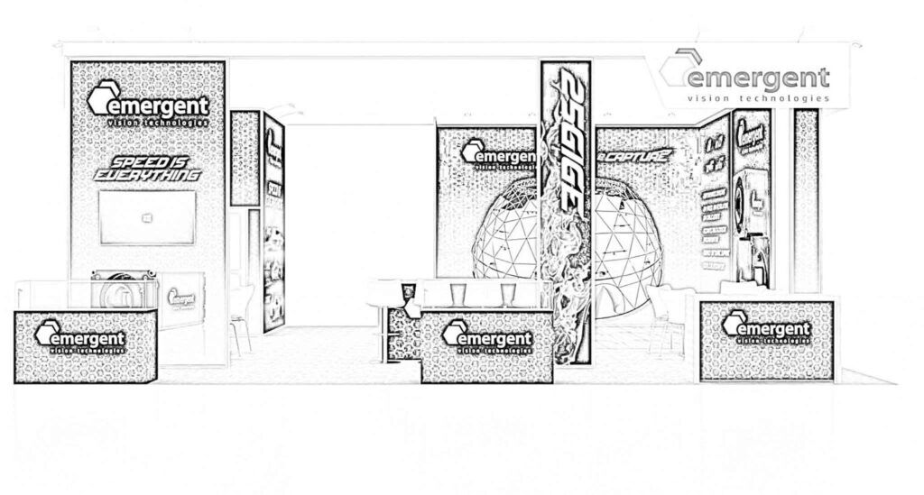 Emergent Vision Technologies concept sketch: a screen and product displays set into a corner graphic wall