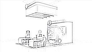 Console Connect concept sketch: an illuminated overhead sign above video displays and reception counters