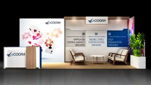 Ecogra Limited 3D rendering: a graphic back wall with a screen beside a counter and seating area