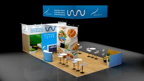 Galactic 3D rendering: a rectangular hanging sign above food-product graphics and a meeting area