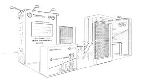 Philadelphia Solar concept sketch: upright solar panels between slatted posts, with a screen and reception desk