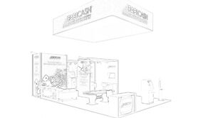 Fabicash concept sketch: a large rectangular hanging sign above demonstration stations and counters