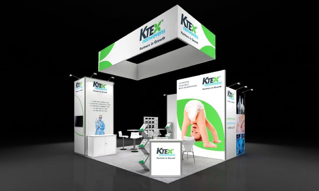 KTEX Nonwovens 3D rendering: a rectangular hanging sign above tall botanical graphics and a reception desk