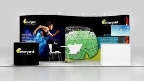 Emergent Vision Technologies 3D rendering: a curved graphic back wall behind product displays, tables and stools