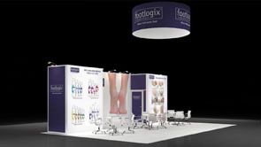Footlogix 3D rendering: a circular hanging sign above product shelves, graphic panels and seating