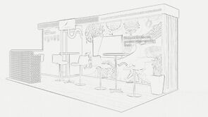Galactic concept sketch: a long graphic wall above a counter lined with bar stools