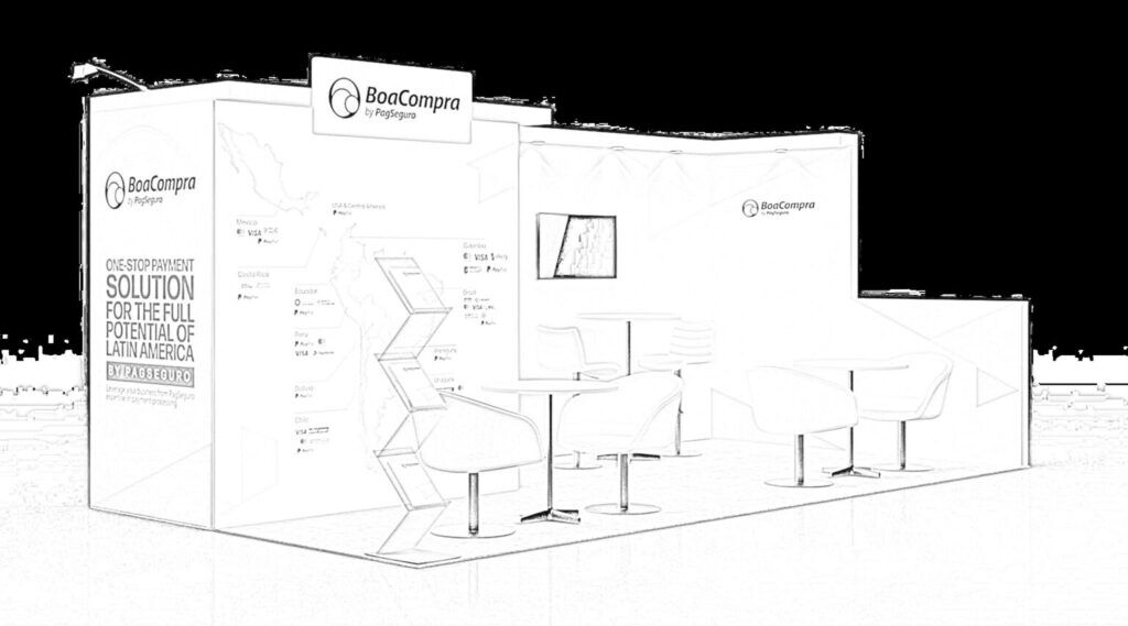 BoaCompra concept sketch: an angled graphic wall behind a reception desk and tall café stools