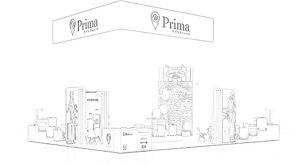 Prima USA concept sketch: a rectangular hanging sign above freestanding product displays and counters