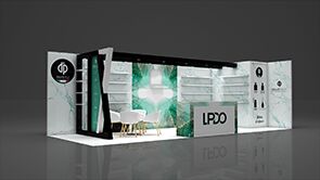 Dremar Parfum 3D rendering: a corner back wall surrounding a glass display table and product shelves