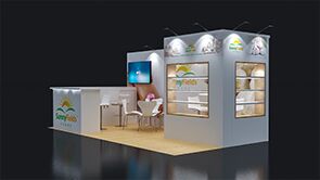 Nehal Naturals 3D rendering: tiered product shelves around a central reception counter and seating