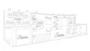 Royal Composites concept sketch: wall-mounted product samples behind a long reception counter