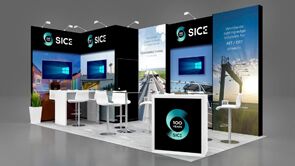 SICE 3D rendering: three tall display panels with screens, counters and café tables