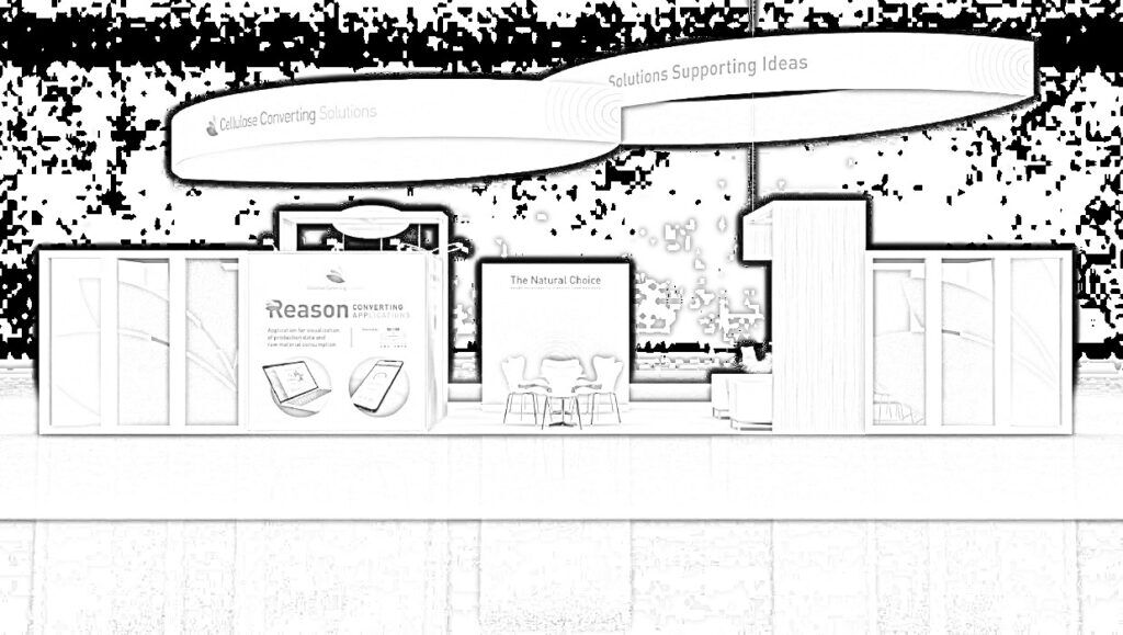 Cellulose Converting Solutions concept sketch: overlapping curved hanging signs above display walls and glass counters