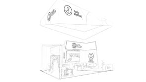 Port Gdansk concept sketch: a large rectangular hanging sign above graphic panels and display counters