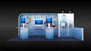 SOTI 3D rendering: a screen in the back wall above a reception counter and seating area
