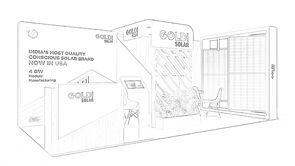 Goldi Solar concept sketch: an angled graphic wall beside a solar-panel display and reception counter