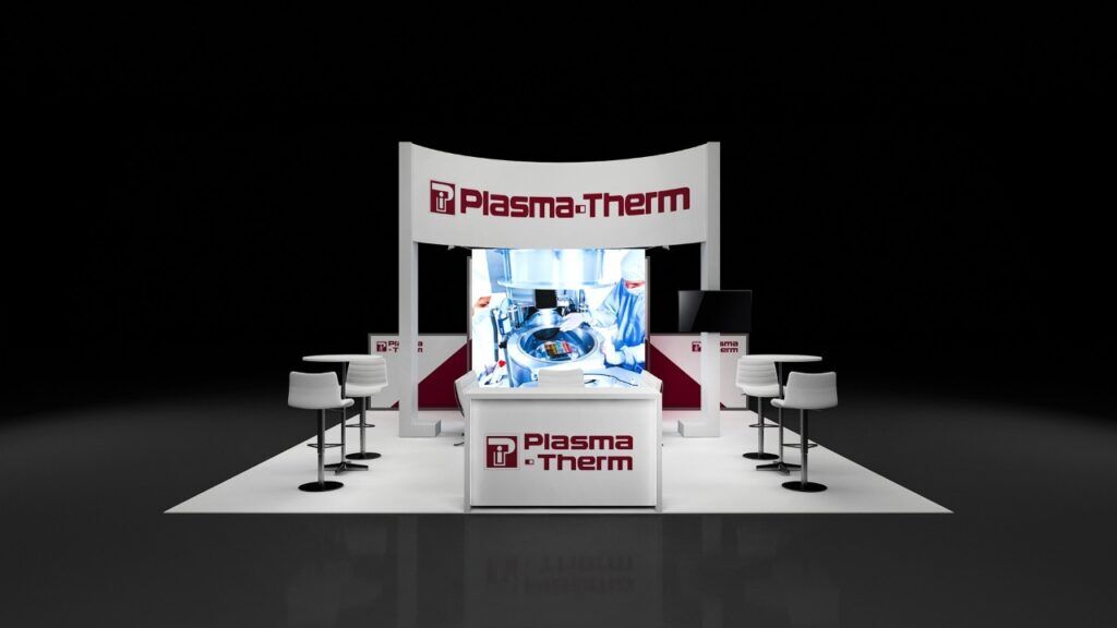 Plasma Therm 3D rendering: a framed display tower with a central screen and reception counter
