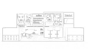 Aavishkar concept sketch: a long graphic wall with screens above counters and bar stools