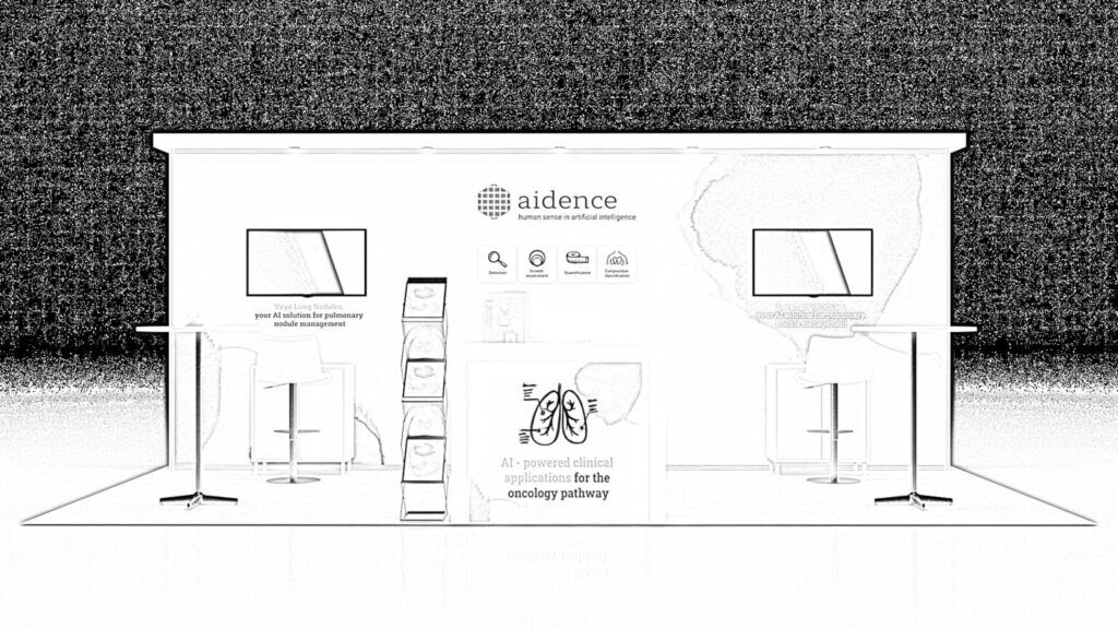 Aidence concept sketch: an angular overhead frame above product graphics and reception counters