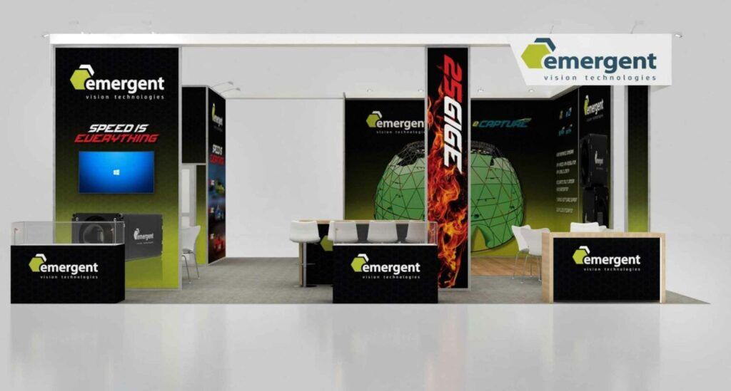 Emergent Vision Technologies 3D rendering: a screen and product displays set into a corner graphic wall