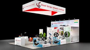 Steel Strips Wheels Limited 3D rendering: a long hanging sign above wall-mounted wheel displays and counters