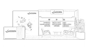 Ecogra Limited concept sketch: a graphic back wall with a screen beside a counter and seating area